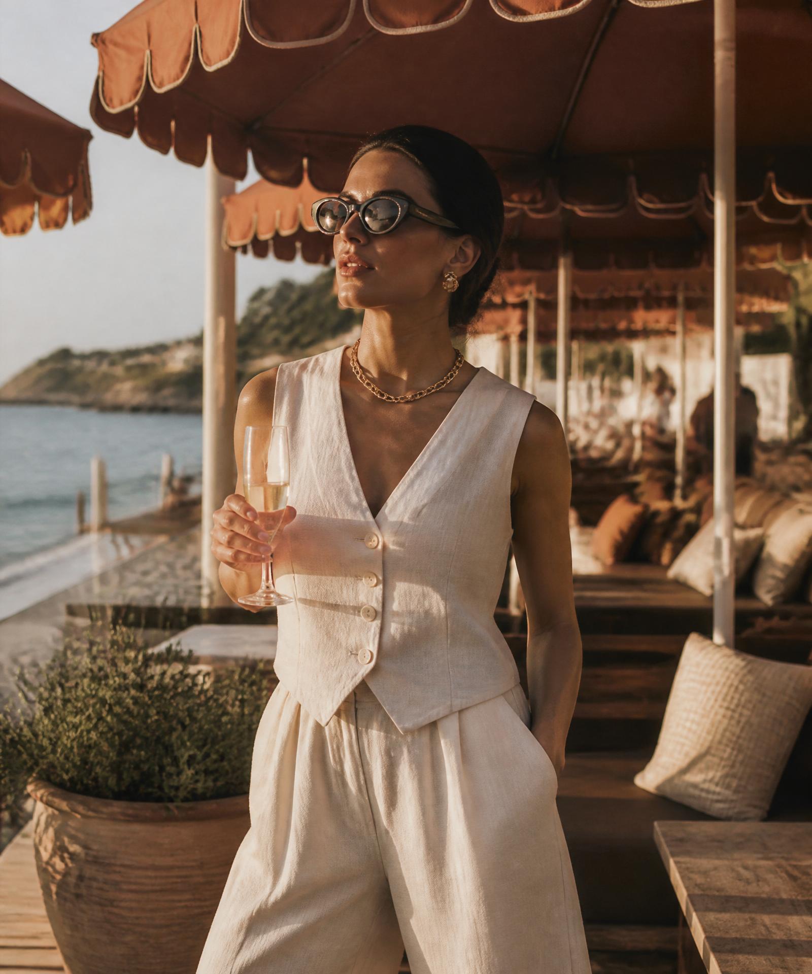 Woman in linen at a Mediterranean beach club
